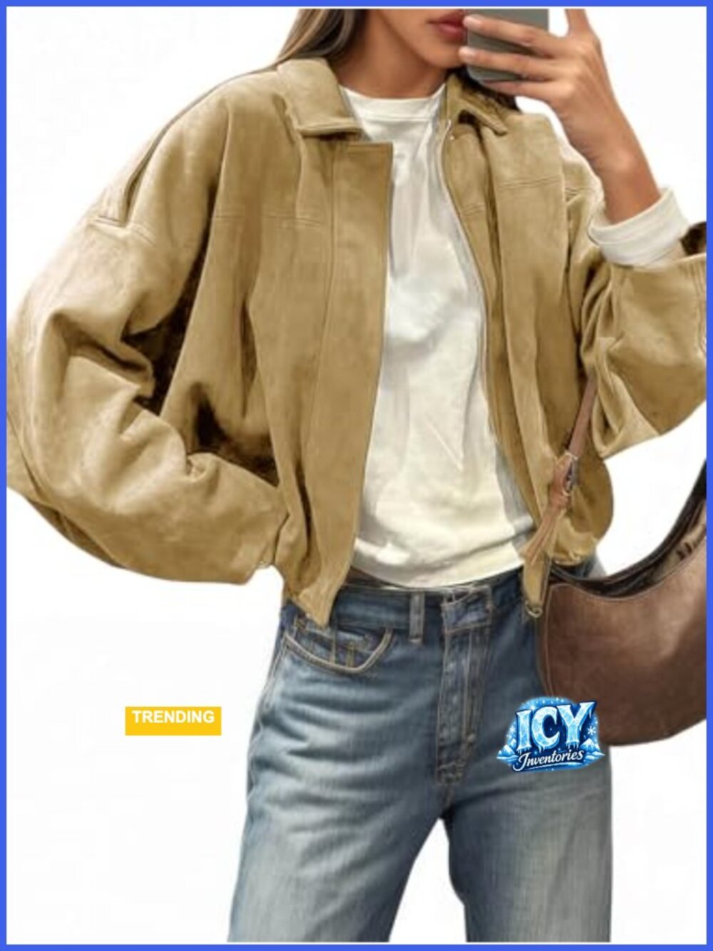 Faux Suede Bomber Jacket Oversized Cropped Zip Up Coat